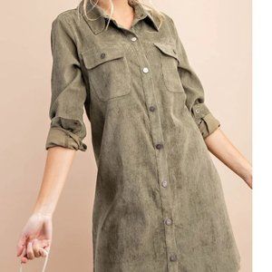 The  Corduroy Shirt Dress Long Sleeve in Beatiful Olive Color Sizes S - 2XL